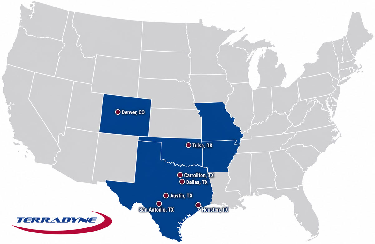 Map of the USA with shaded states and maroon dots where Terradyne has office locations at